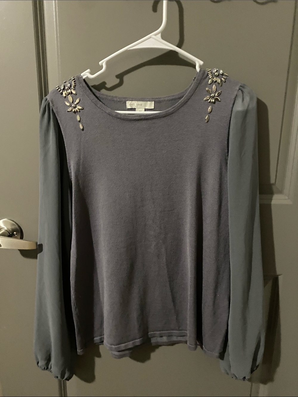 Embellished Slate Blue Long-Sleeve Knit Top with Chiffon Sleeves